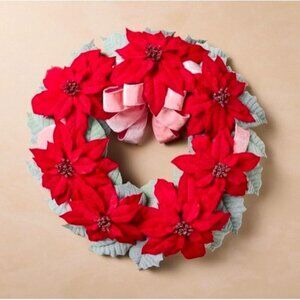 John Derian 26" Poinsettia Christmas Holiday Wreath w/ Pink Ribbon Highlights